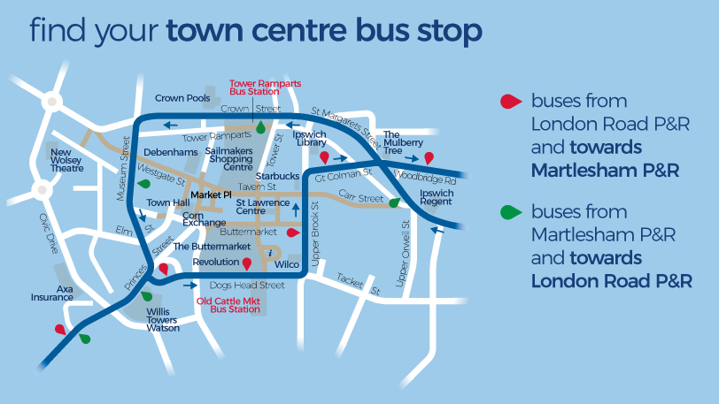 London Road and Martlesham Park and Ride network map